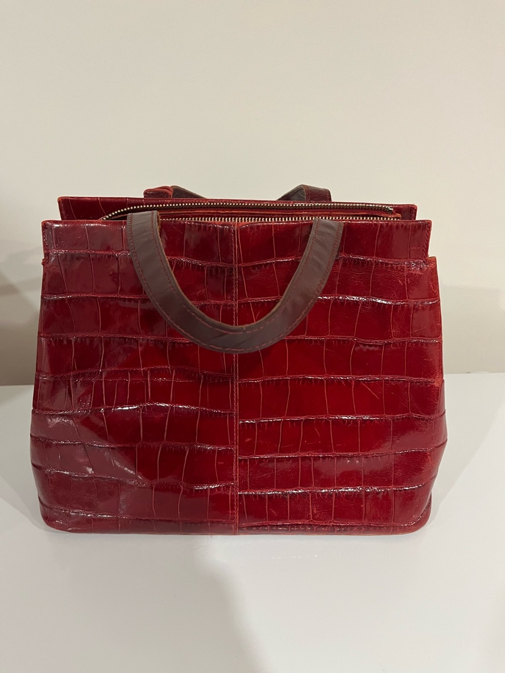 Monsac Red Croc-Embossed Tote with Contrasting Handles